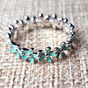 Teal Flower Ring and Silver Earring Set